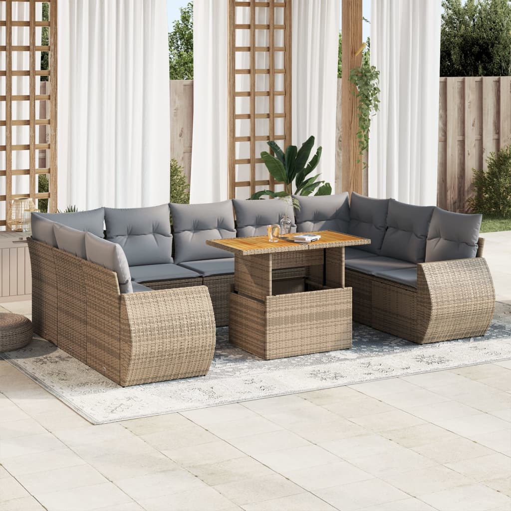 10-tlg. Garten-Sofagarnitur mit Kissen Beige Poly Rattan - Pazzar.ch