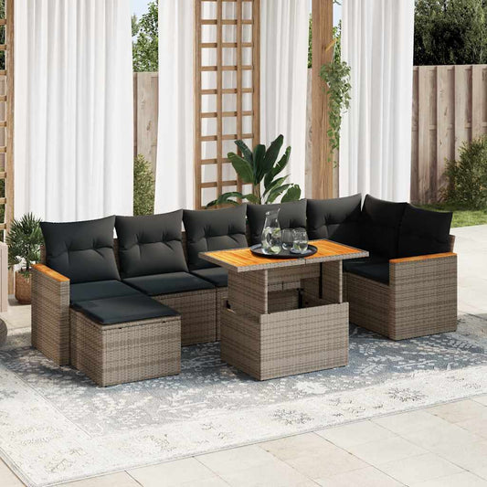 8-tlg. Garten-Sofagarnitur mit Kissen Grau Poly Rattan Akazie - Pazzar.ch