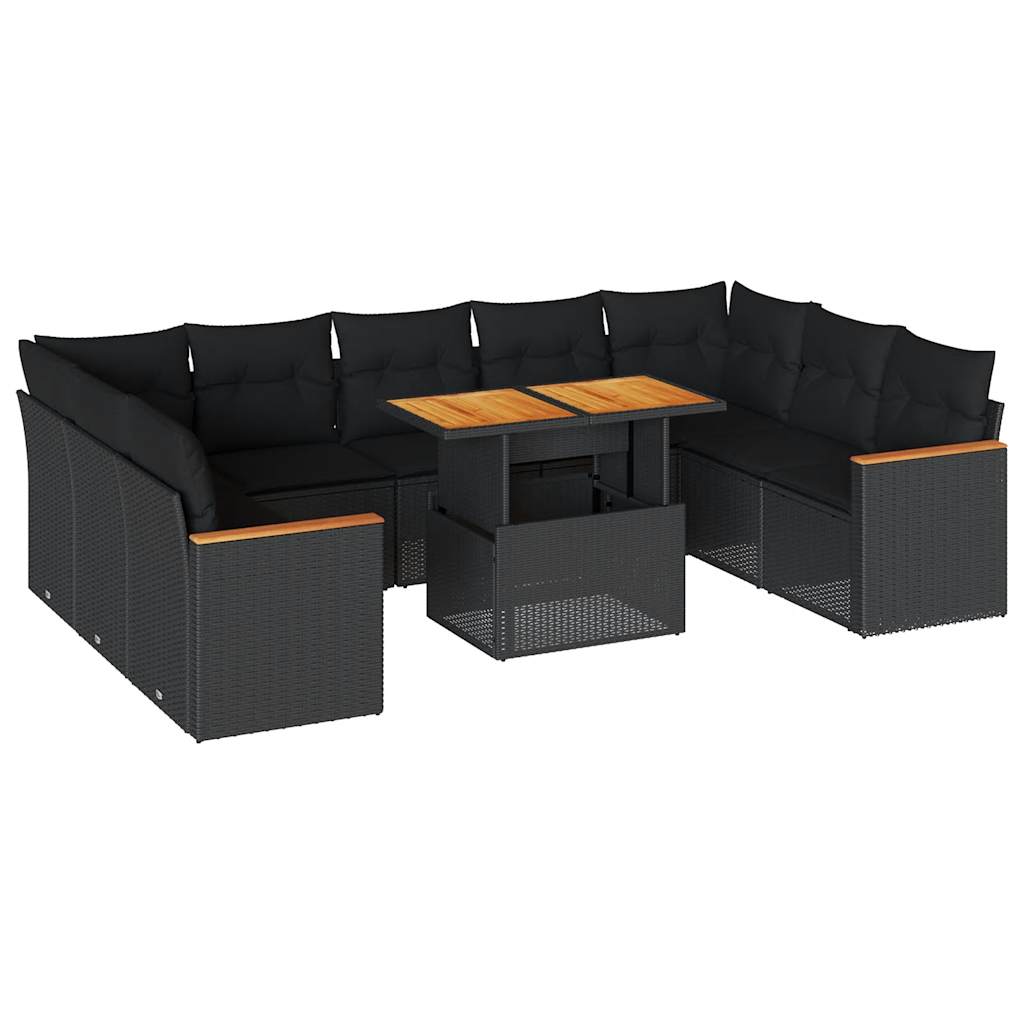 10-tlg. Garten-Sofagarnitur mit Kissen Schwarz Poly Rattan