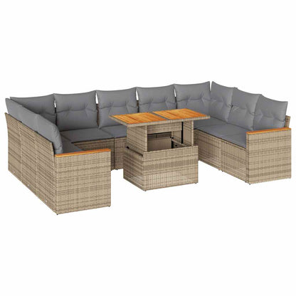 10-tlg. Garten-Sofagarnitur mit Kissen Beige Poly Rattan Akazie - Pazzar.ch