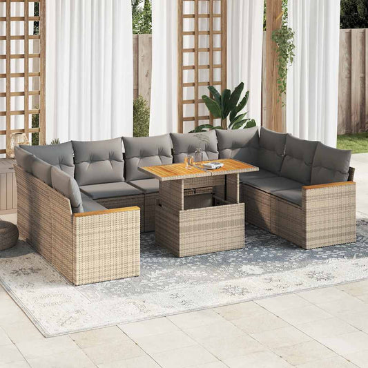 10-tlg. Garten-Sofagarnitur mit Kissen Beige Poly Rattan Akazie - Pazzar.ch