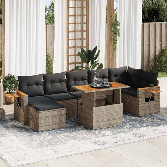 8-tlg. Garten-Sofagarnitur mit Kissen Grau Poly Rattan Akazie - Pazzar.ch