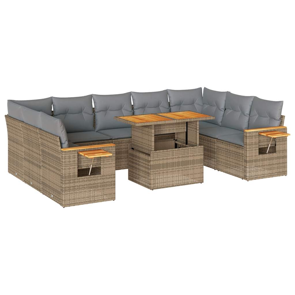 10-tlg. Garten-Sofagarnitur mit Kissen Beige Poly Rattan Akazie - Pazzar.ch