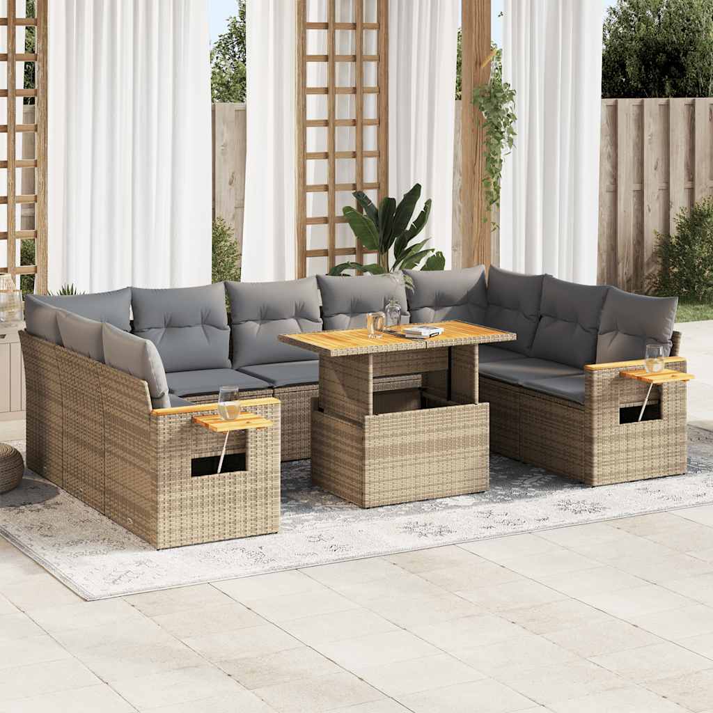 10-tlg. Garten-Sofagarnitur mit Kissen Beige Poly Rattan Akazie - Pazzar.ch