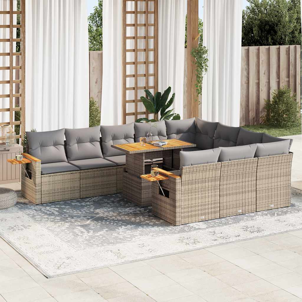 10-tlg. Garten-Sofagarnitur mit Kissen Beige Poly Rattan Akazie - Pazzar.ch