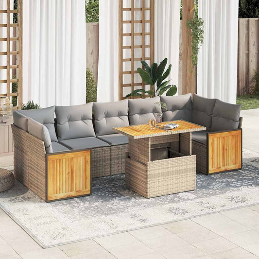 8-tlg. Garten-Sofagarnitur mit Kissen Beige Poly Rattan Akazie - Pazzar.ch