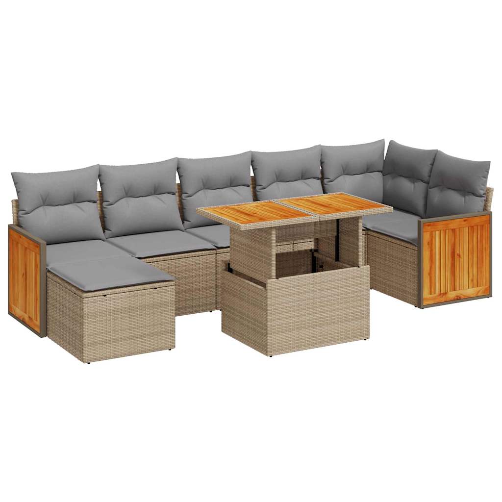 8-tlg. Garten-Sofagarnitur mit Kissen Beige Poly Rattan Akazie