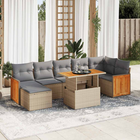 7-tlg. Garten-Sofagarnitur mit Kissen Beige Poly Rattan Akazie - Pazzar.ch