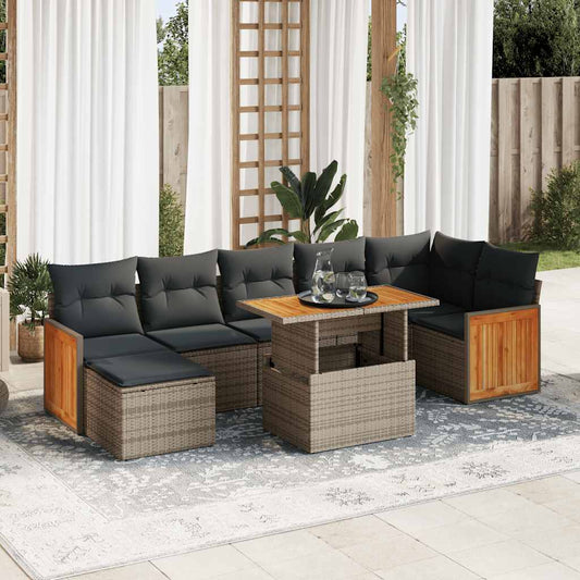 7-tlg. Garten-Sofagarnitur mit Kissen Grau Poly Rattan Akazie - Pazzar.ch