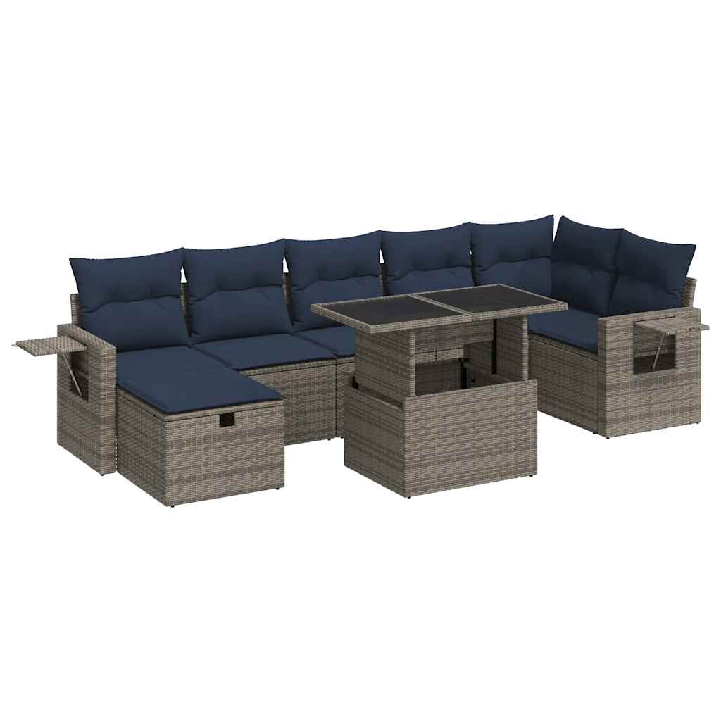 8-tlg. Garten-Sofagarnitur mit Kissen Grau Poly Rattan