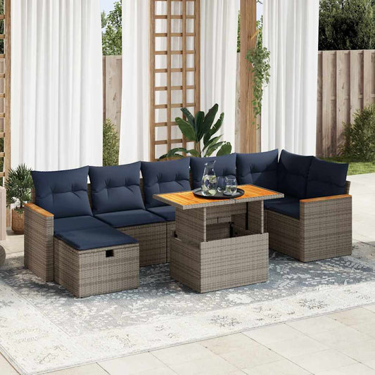 8-tlg. Garten-Sofagarnitur mit Kissen Grau Poly Rattan Akazie