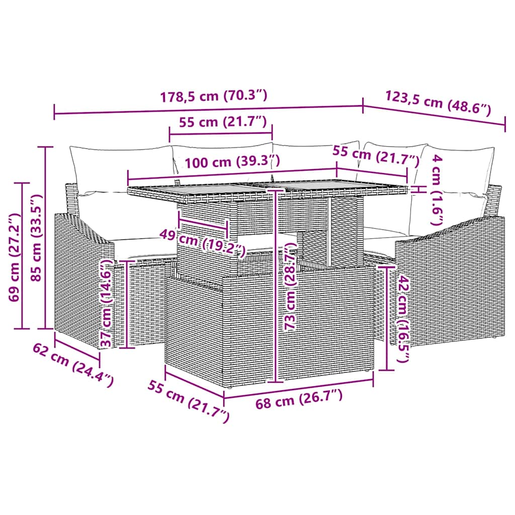 Garten Essgruppe mit Kissen Beige und Grau 100 x 55 x 73 cm