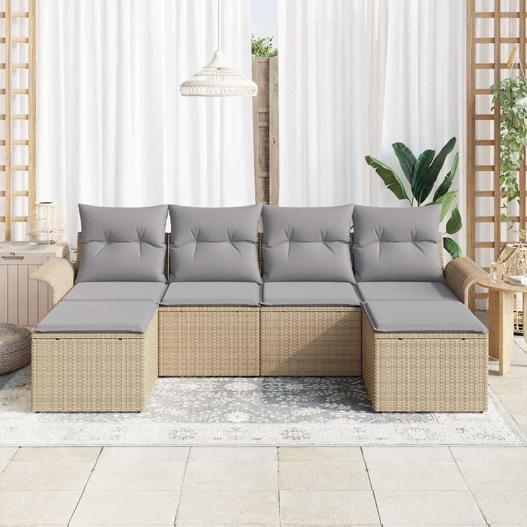 Garten-Sofa-Set mit Kissen mit Speicher 6 pcs Beige Poly Rattan