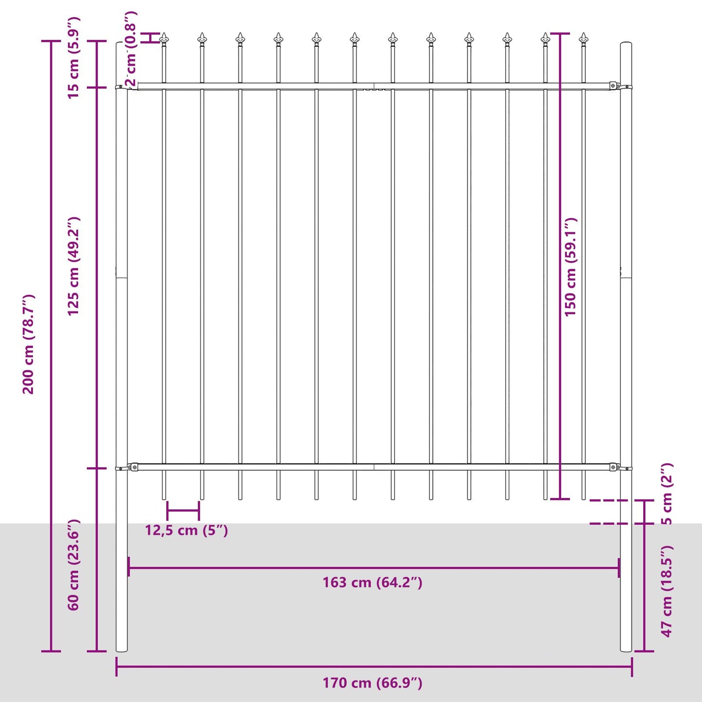 Gartenzaun mit Spitzen Grau 15,3x1,5 m aus Stahl - Pazzar.ch