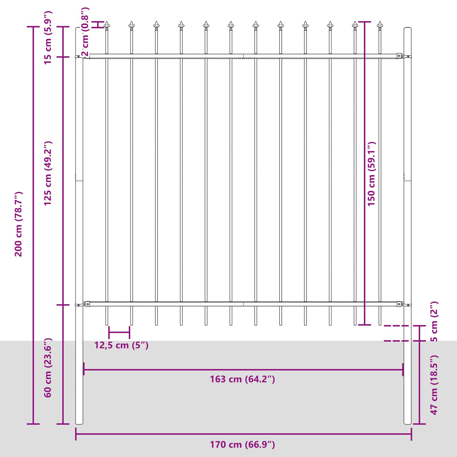 Gartenzaun mit Spitzen Grau 15,3x1,5 m aus Stahl