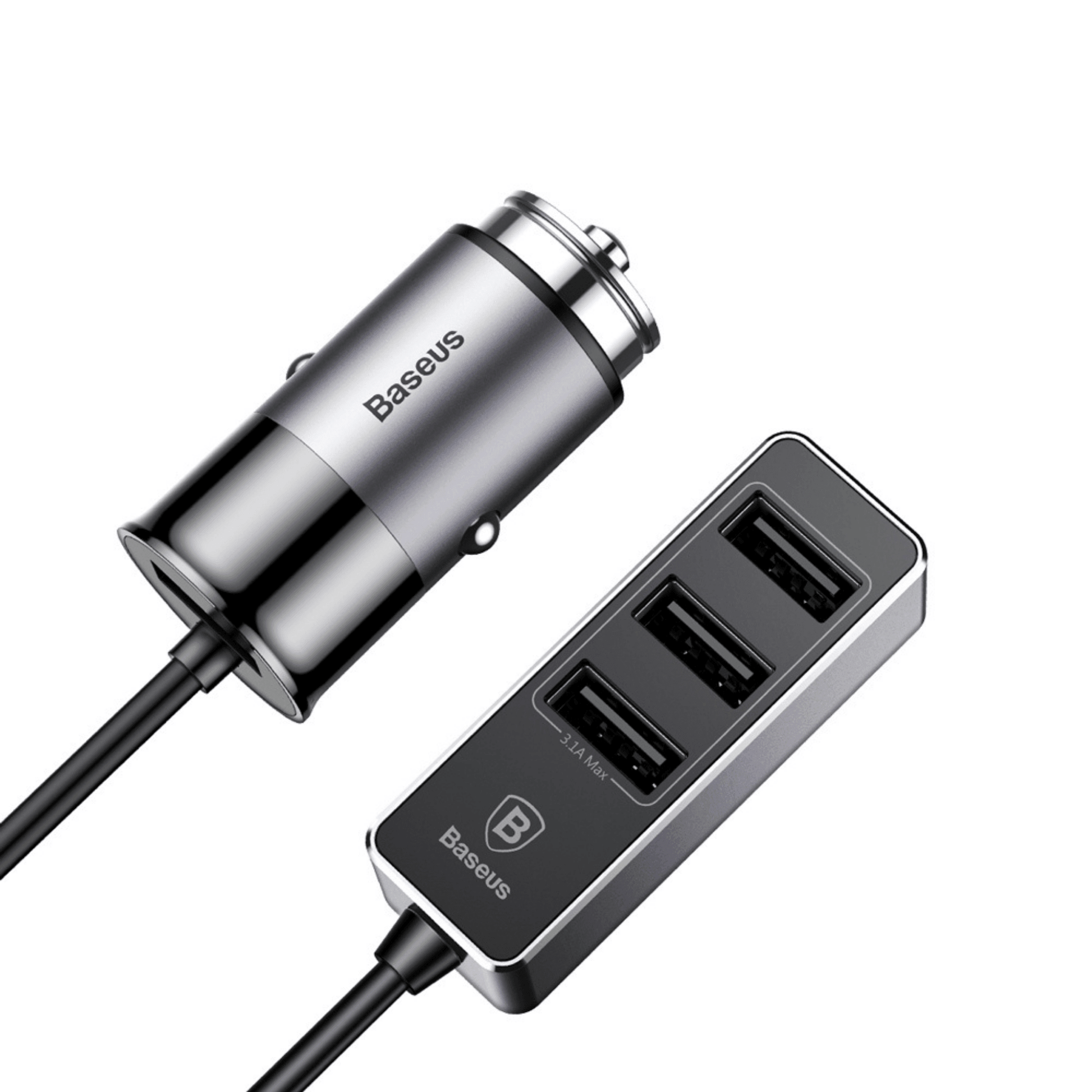 Baseus - Universal 4-Port USB HUB Auto Ladegerät 24W (3.1A) 1.5m Kabel - Grau