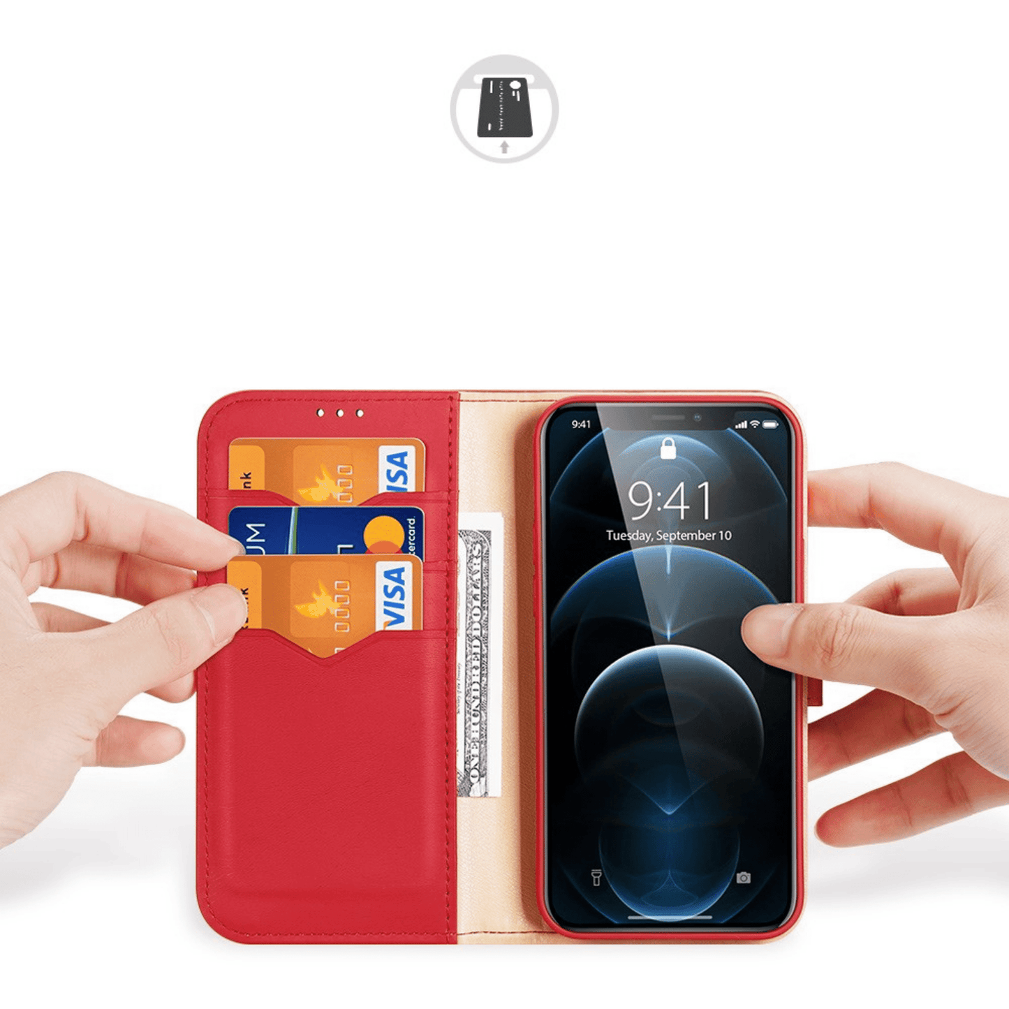 Dux Ducis - iPhone 12 Mini Flip Wallet Schutzhülle Hivo Series Echtleder Case - Rot - Pazzar.ch