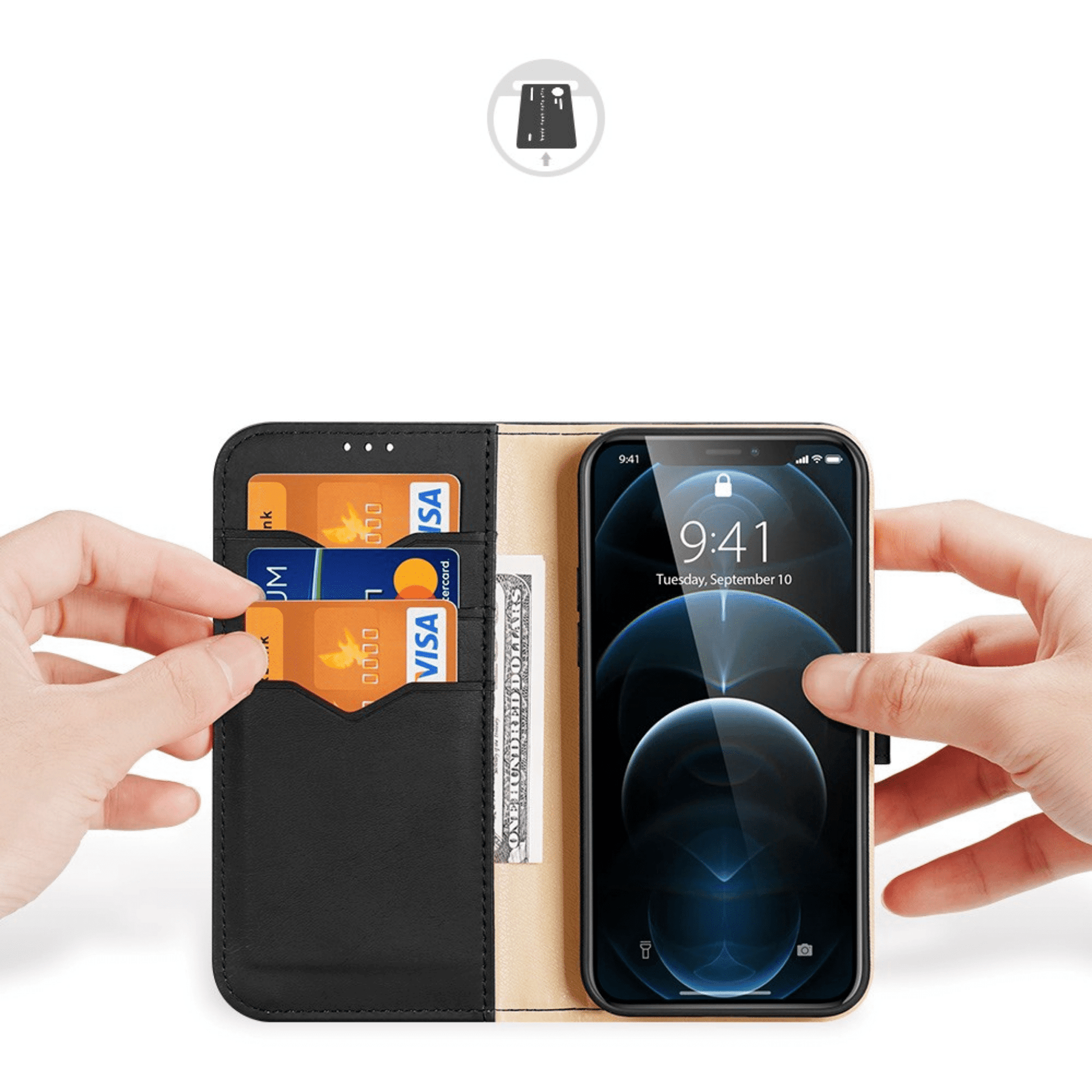 Dux Ducis - iPhone 12 Mini Flip Wallet Schutzhülle Hivo Series Echtleder Case - Schwarz