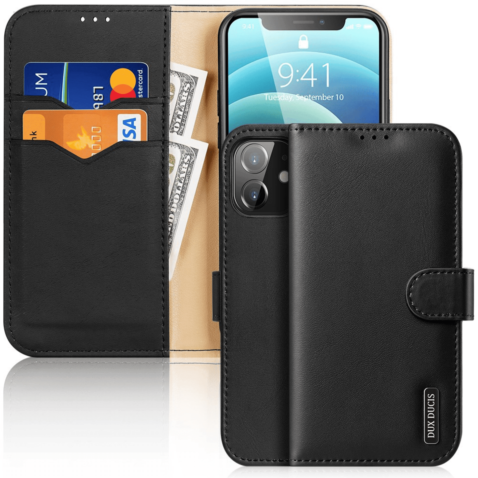 Dux Ducis - iPhone 12 Mini Flip Wallet Schutzhülle Hivo Series Echtleder Case - Schwarz