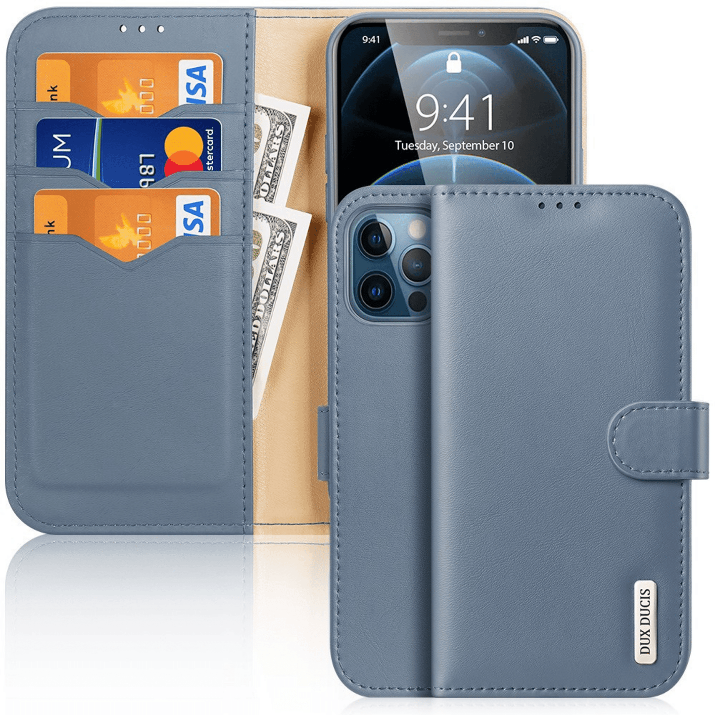 Dux Ducis - iPhone 12 Pro / iPhone 12 Flip Wallet Schutzhülle Hivo Series Echtleder Case - Blau - Pazzar.ch