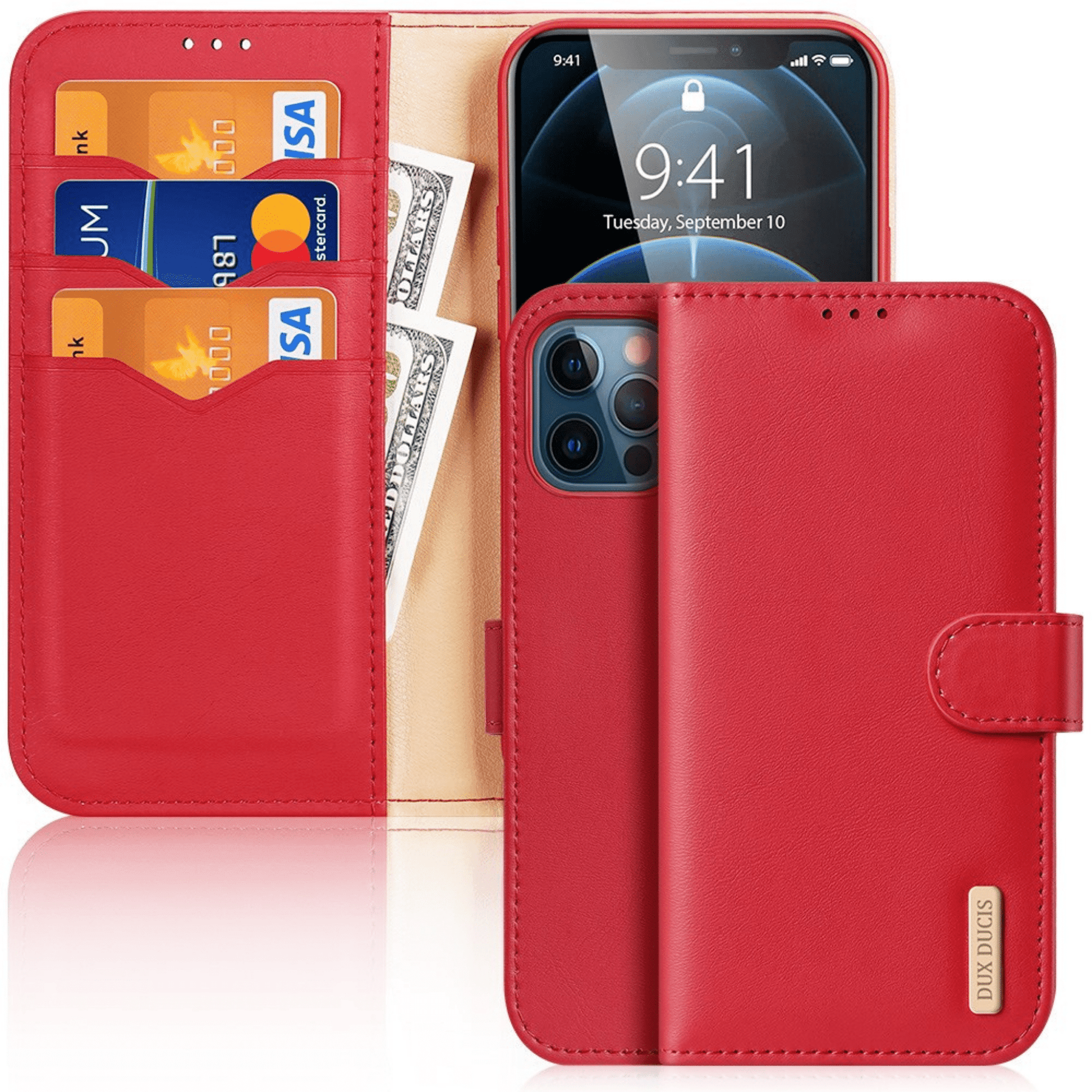 Dux Ducis - iPhone 12 Pro / iPhone 12 Flip Wallet Schutzhülle Hivo Series Echtleder Case - Rot