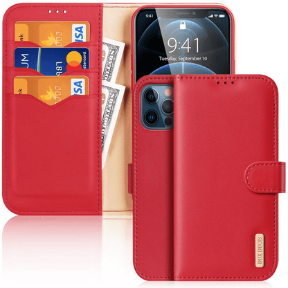 Dux Ducis - iPhone 12 Pro / iPhone 12 Flip Wallet Schutzhülle Hivo Series Echtleder Case - Rot - Pazzar.ch