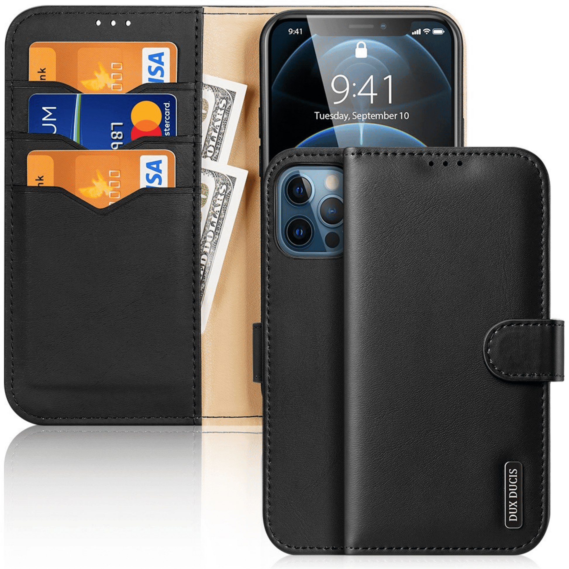 Dux Ducis - iPhone 12 Pro Max Flip Wallet Schutzhülle Hivo Series Echtleder Case - Schwarz