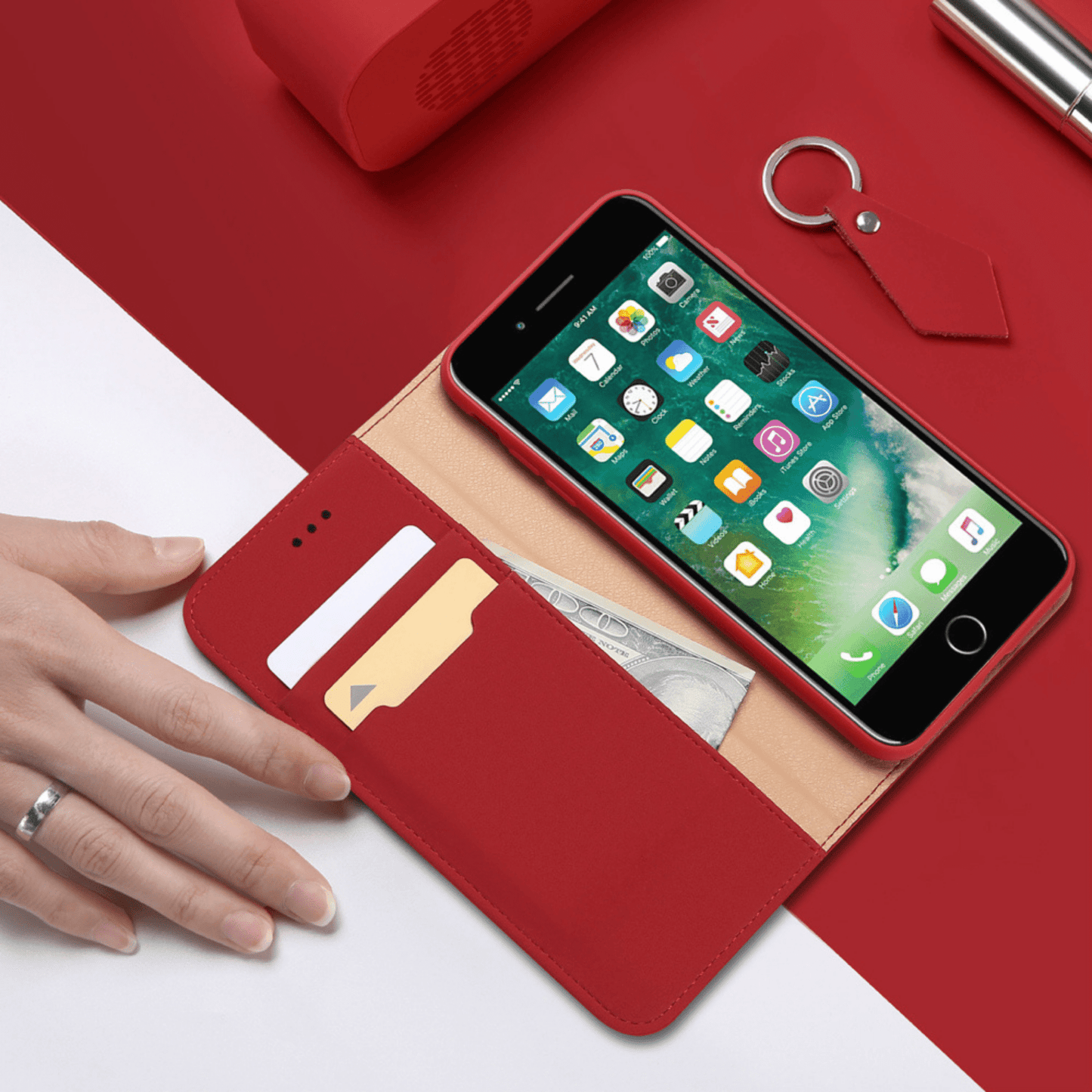 Dux Ducis - iPhone SE (2020) / iPhone 8 / iPhone 7 Flip Wallet Schutzhülle Wish Series Echtleder Case - Rot - Pazzar.ch