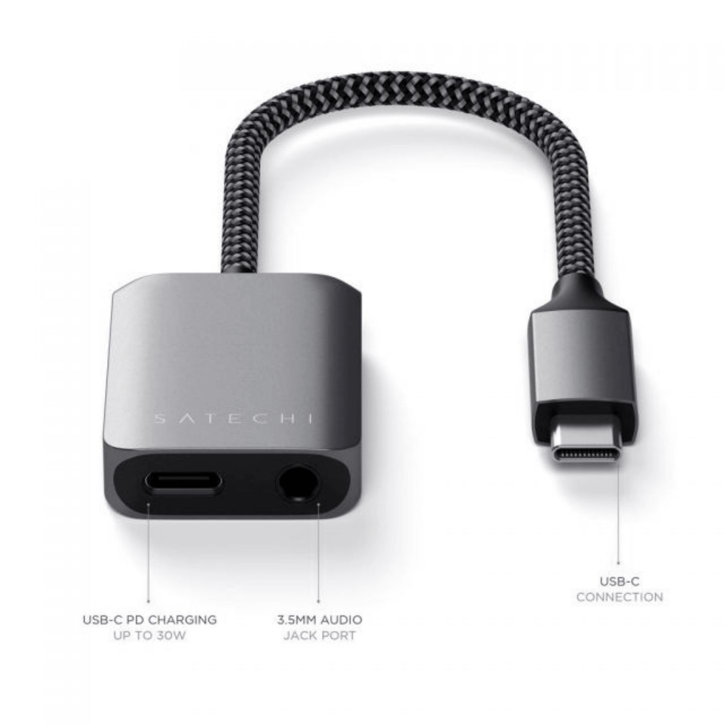 Satechi - (20cm) USB-C auf 3.5mm Aux Audio Adapter und USB-C PD (Power Delivery) - Space Gray - Pazzar.ch