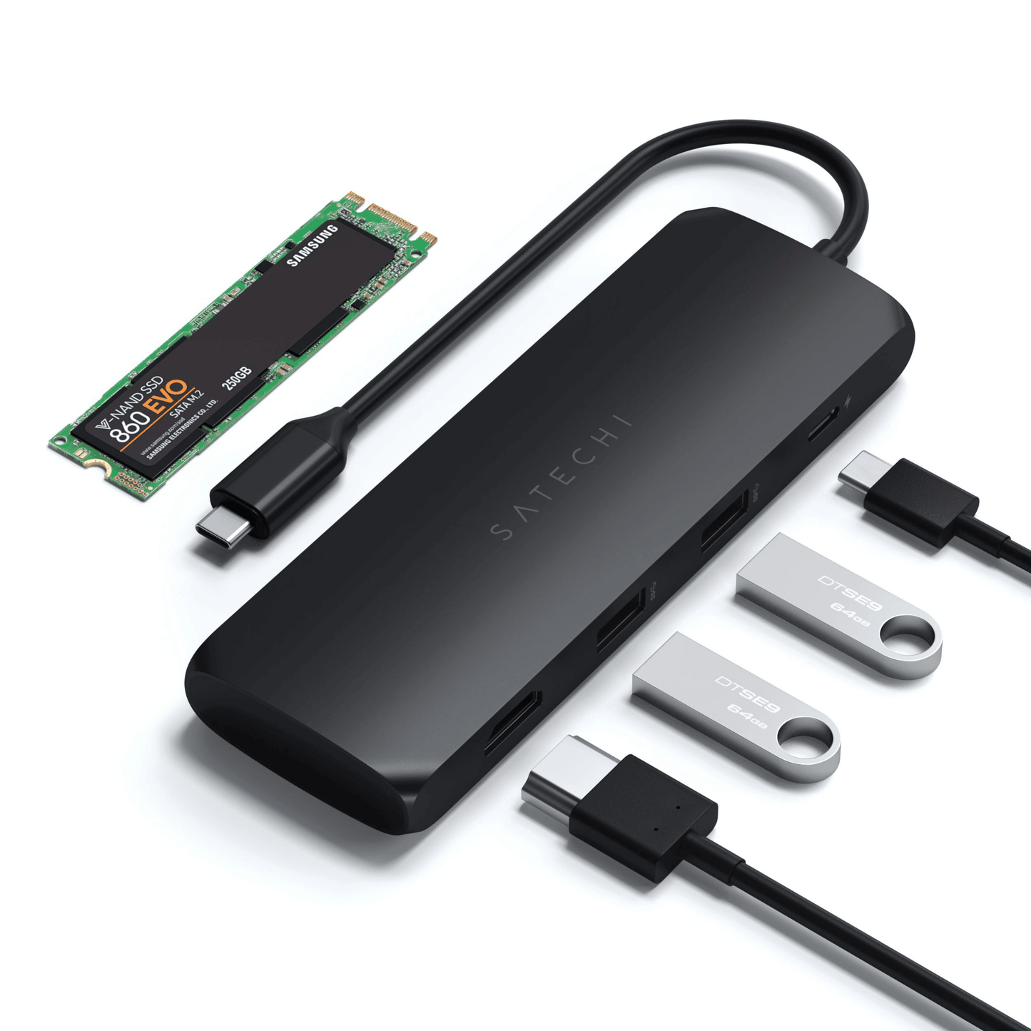 Satechi - USB-C Slim Alu Multiport Hub mit SSD Fach - Schwarz - Pazzar.ch