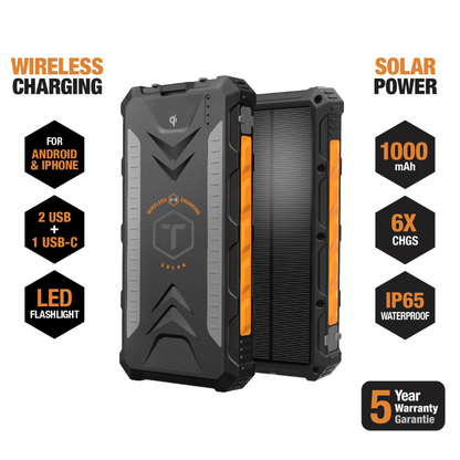 ToughTested - 10'000mAh Solar Powerbank & Wireless Charger mit Lichtpaneel & Dual USB-A sowie USB-C Ausgang - Schwarz/Orange - Pazzar.ch