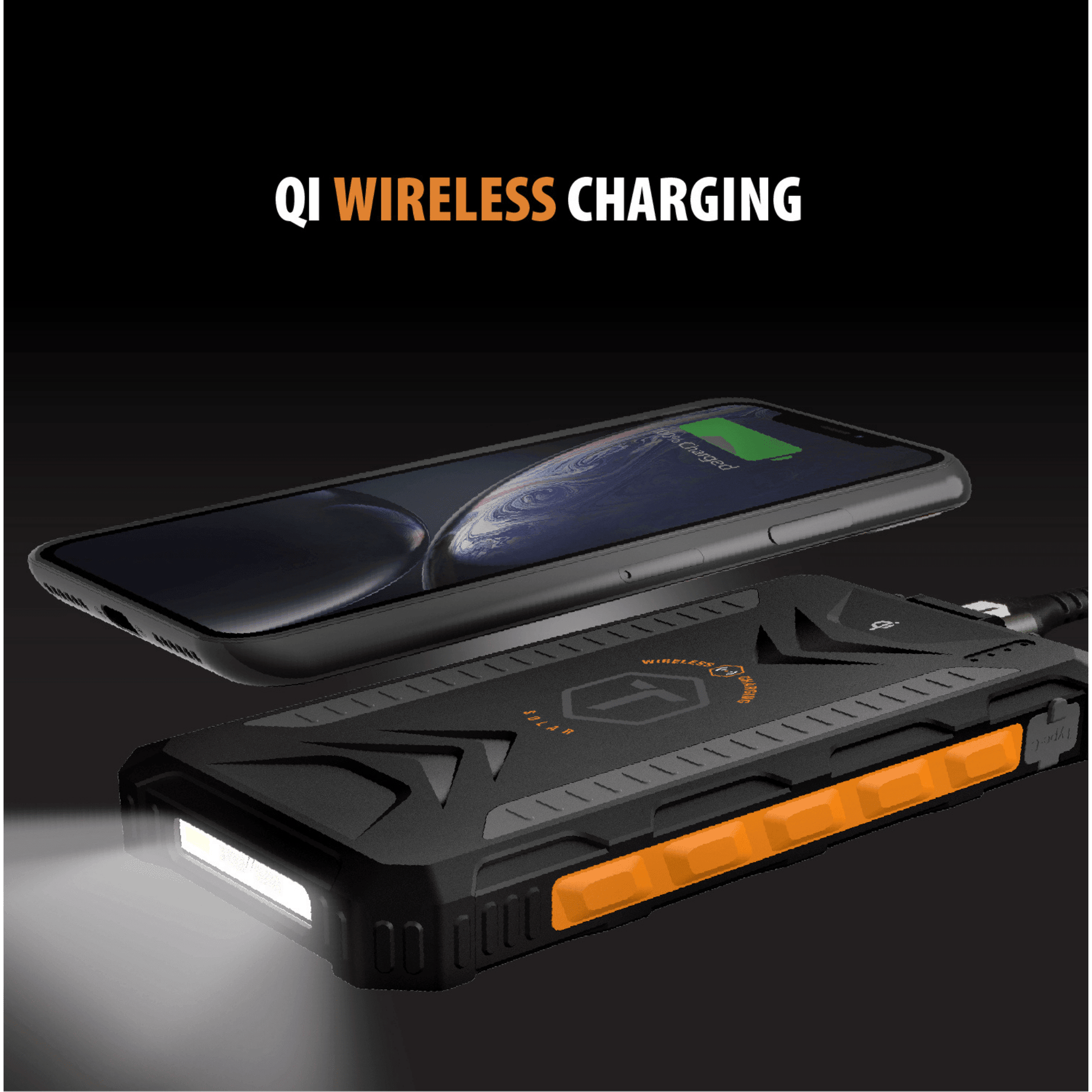ToughTested - 10'000mAh Solar Powerbank & Wireless Charger mit Lichtpaneel & Dual USB-A sowie USB-C Ausgang - Schwarz/Orange