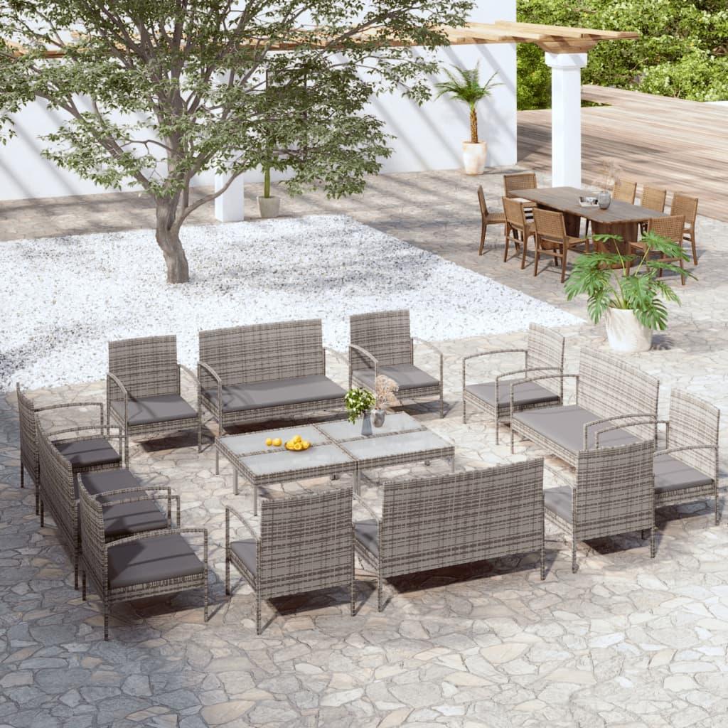 16-tlg. Garten-Lounge-Set mit Auflagen Poly Rattan Grau