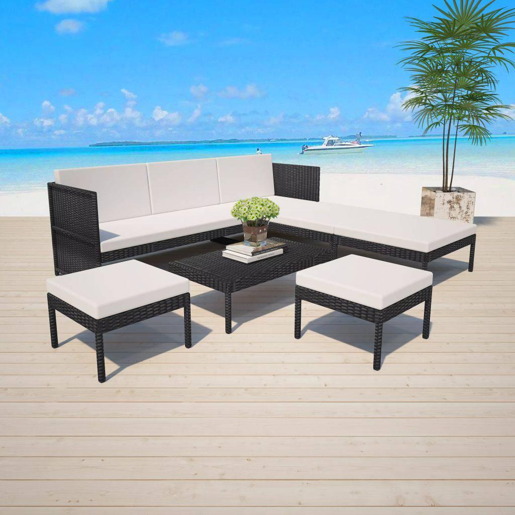 6-tlg. Garten-Lounge-Set mit Auflagen Poly Rattan Schwarz