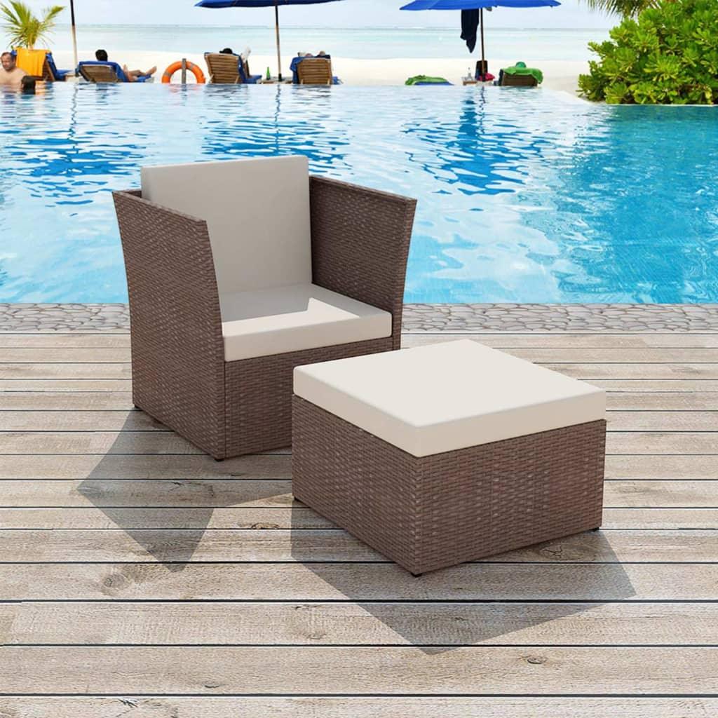 Gartensessel mit Fußhocker Poly Rattan Braun