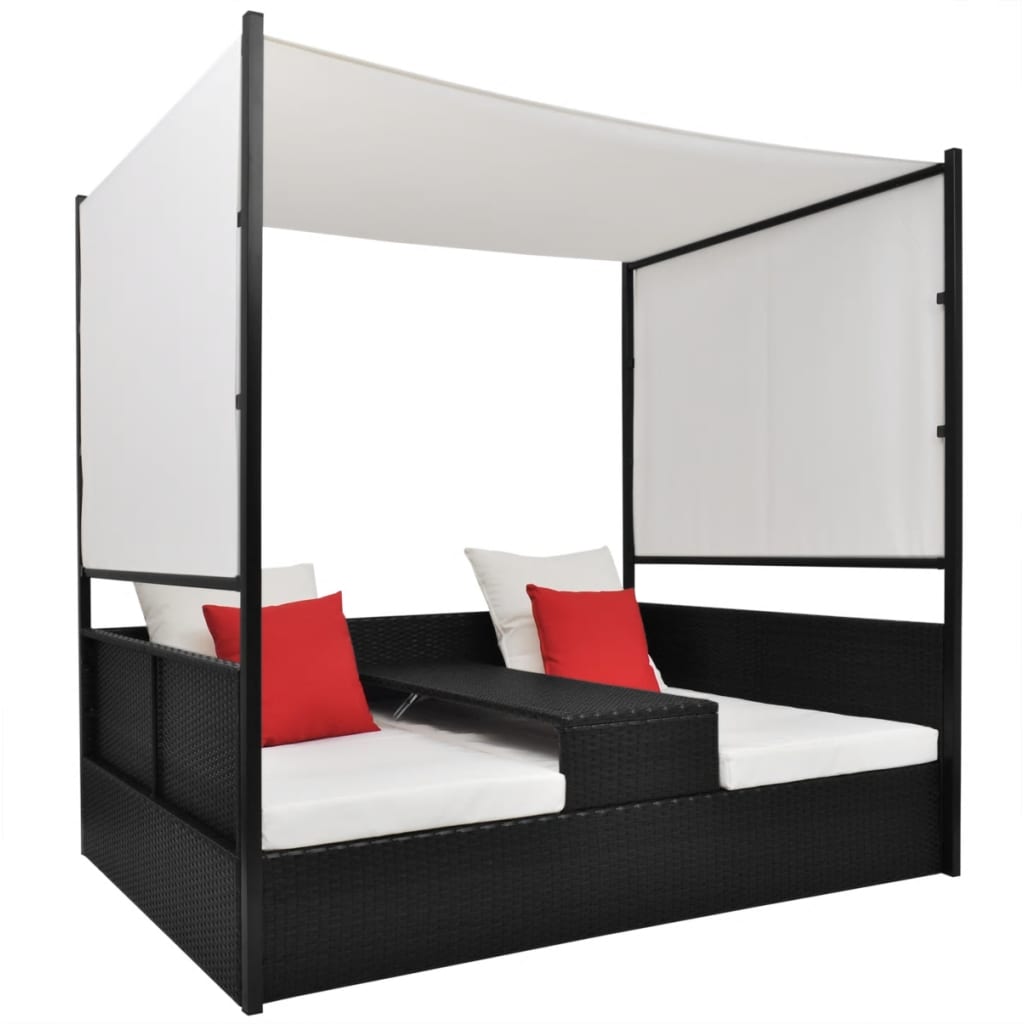 Gartenbett mit Baldachin Schwarz 190×130 cm Poly Rattan - Pazzar.ch