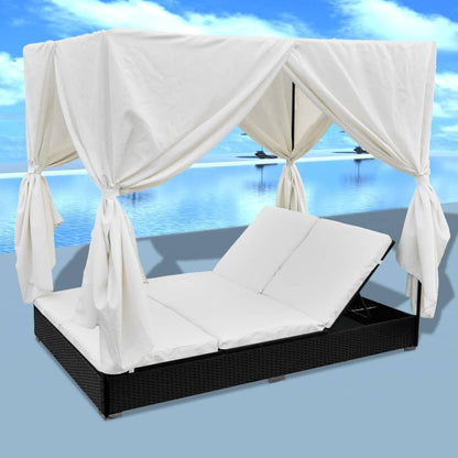 Outdoor-Loungebett mit Vorhang Poly Rattan Schwarz - Pazzar.ch