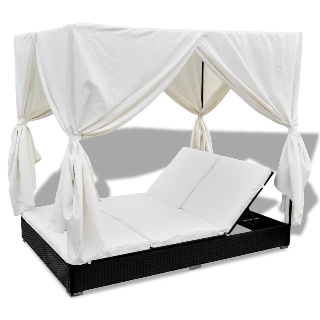 Outdoor-Loungebett mit Vorhang Poly Rattan Schwarz - Pazzar.ch