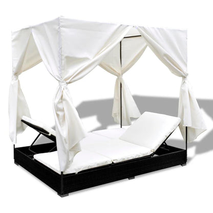Outdoor-Loungebett mit Vorhang Poly Rattan Schwarz - Pazzar.ch