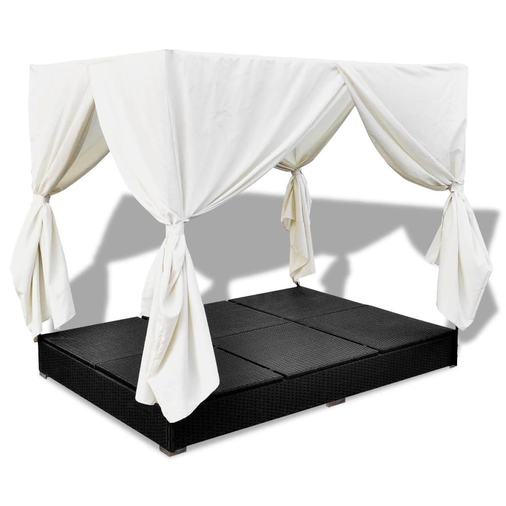 Outdoor-Loungebett mit Vorhang Poly Rattan Schwarz - Pazzar.ch