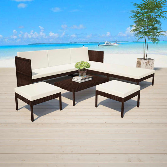 6-tlg. Garten-Lounge-Set mit Auflagen Poly Rattan Braun - Pazzar.ch