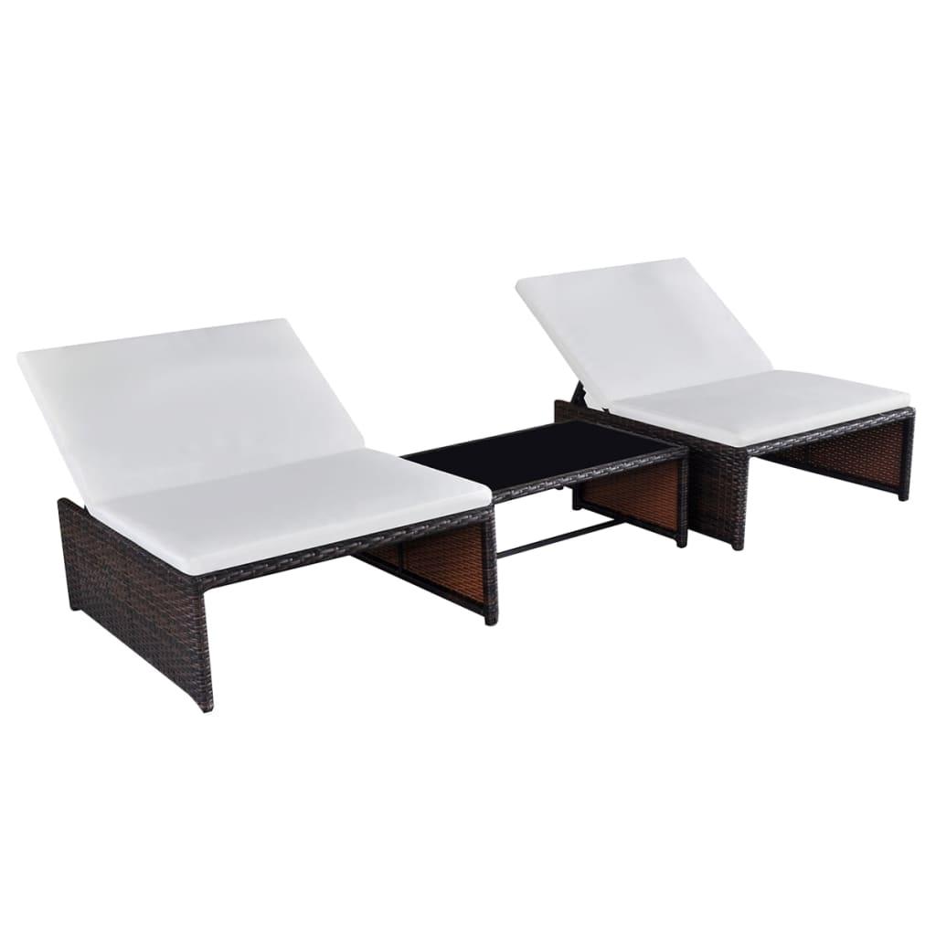 Sonnenliegen 2 Stk. mit Tisch Poly Rattan Braun - Pazzar.ch