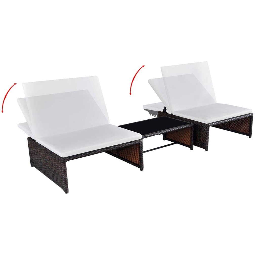 Sonnenliegen 2 Stk. mit Tisch Poly Rattan Braun - Pazzar.ch
