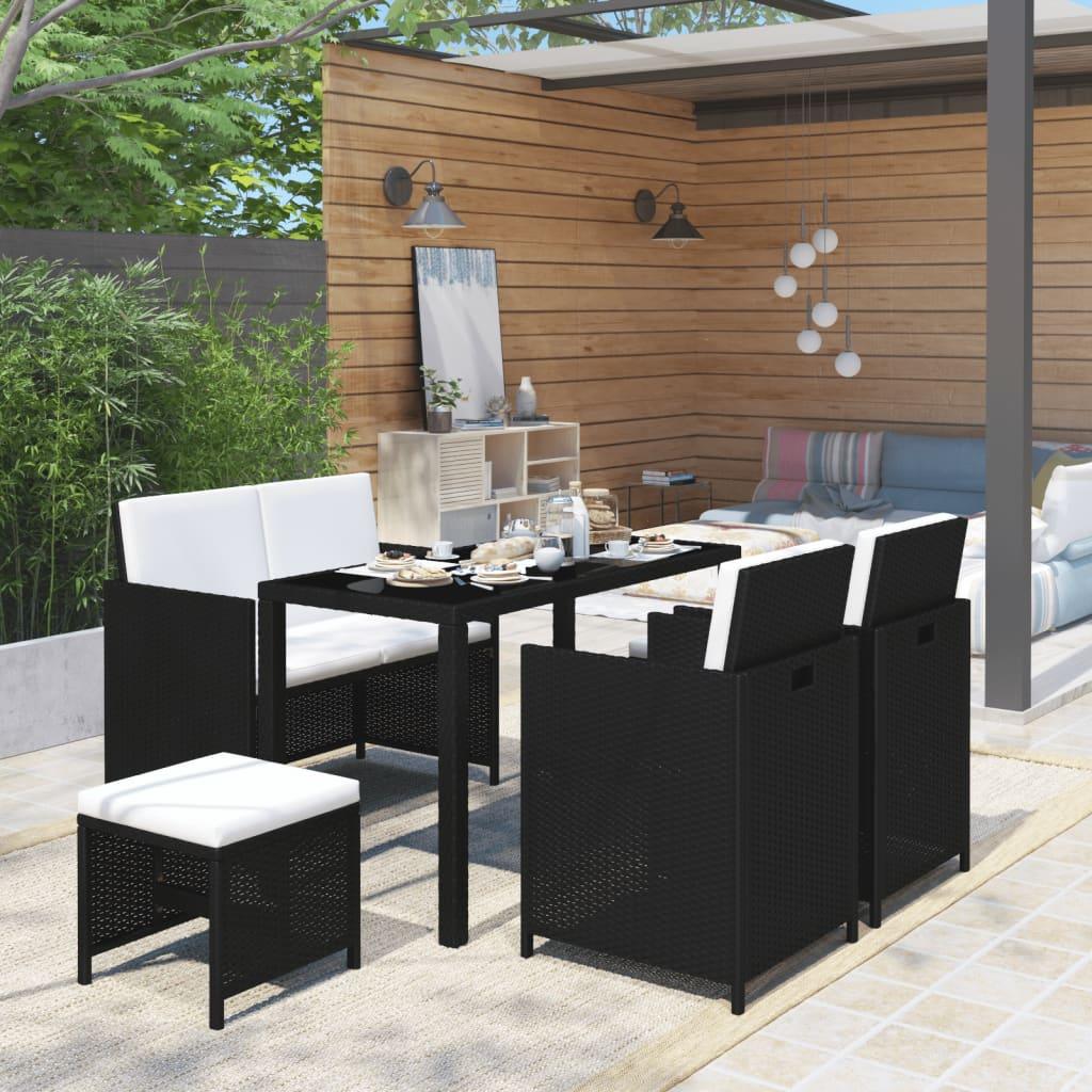 6-tlg. Garten-Essgruppe mit Auflagen Poly Rattan Schwarz - Pazzar.ch