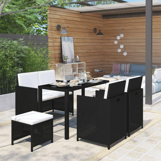 6-tlg. Garten-Essgruppe mit Auflagen Poly Rattan Schwarz - Pazzar.ch