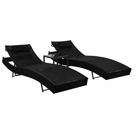 Sonnenliegen 2 Stk. mit Tisch Poly Rattan und Textilene Schwarz - Pazzar.ch