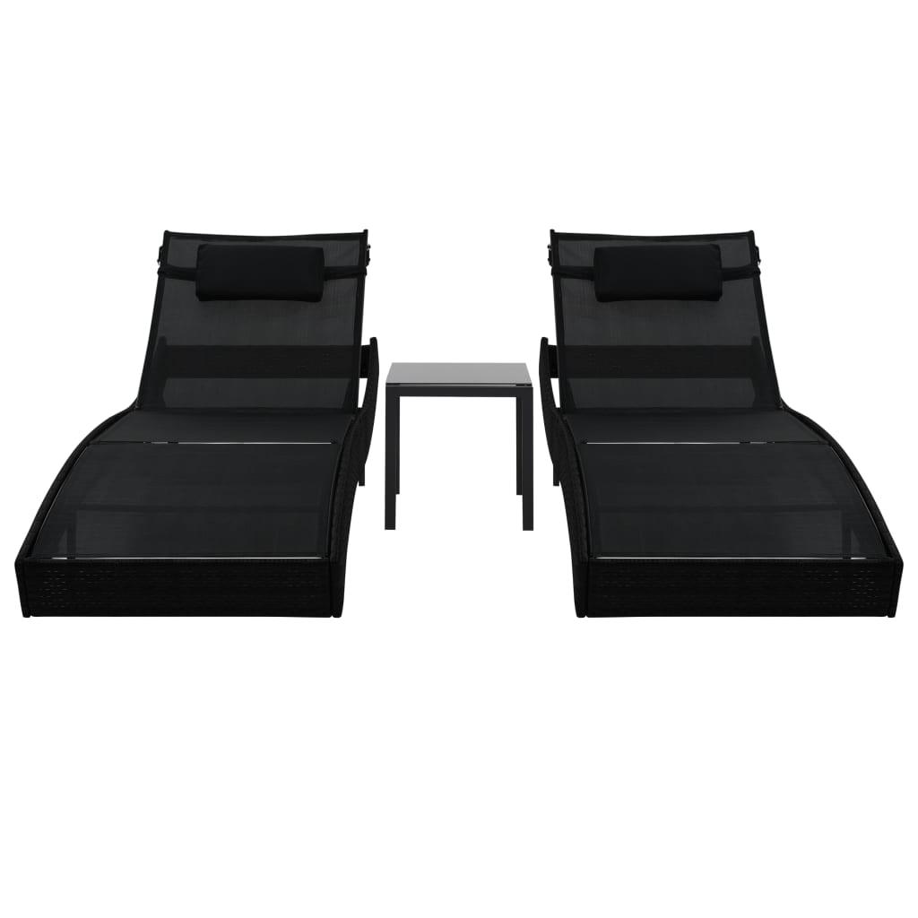 Sonnenliegen 2 Stk. mit Tisch Poly Rattan und Textilene Schwarz - Pazzar.ch