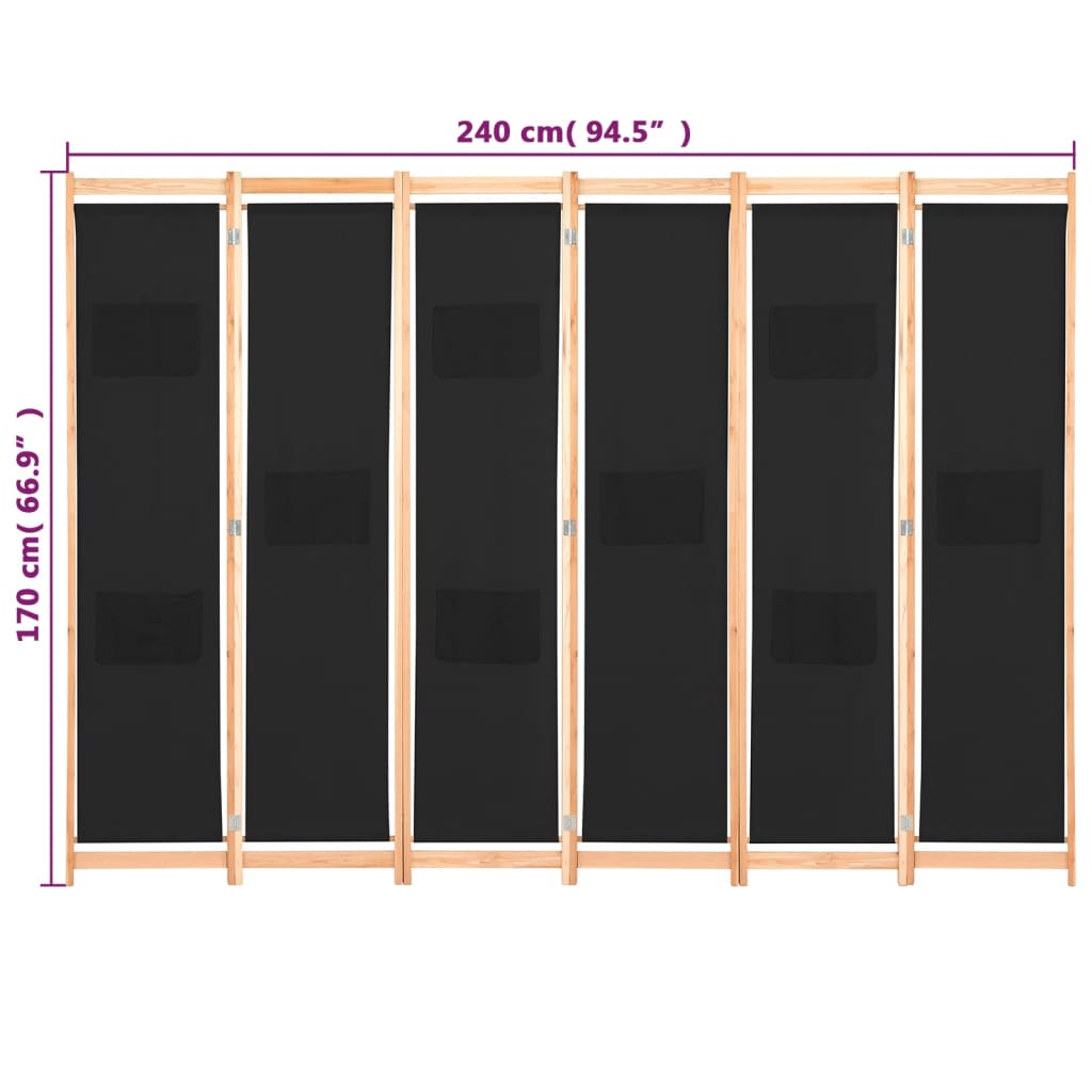 6-teiliger Raumteiler Schwarz 240 x 170 x 4 cm Stoff - Pazzar.ch