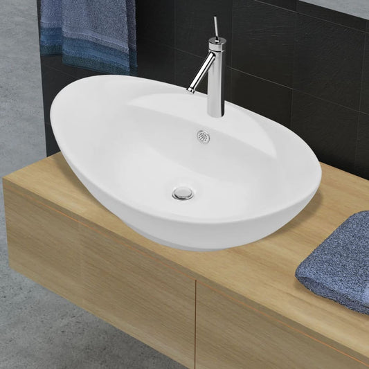 Luxus-Keramikbecken Oval mit Überlauf und Wasserhahnloch - Pazzar.ch