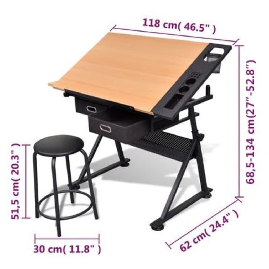 Zeichentisch mit neigbarer Tischplatte 2 Schubladen und Hocker - Pazzar.ch